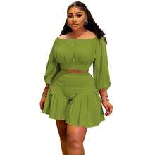 Plus Size Women's Ruffled One-Shoulder Puff Sleeve Top & Shorts 2-Piece Set - Sweetheart Neckline Waist-Defining Casual Outfit Date, Vacation & Party,Plus Size Fall Clothes Women,Plus Size Women Clothes,Seven Colors Are Available Selection.Please Check Size Chart Before Purchasing. - 綠色 - 查看 6