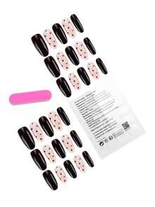 30pcs Almond Shaped/Dotted Printed Detachable Acrylic False Nails Set, Brown, Includes 1 Jelly Gel And 1 Nail File, Suitable For Women For Daily Work, Study, Party In Autumn/Winter - Multicolor - View 2