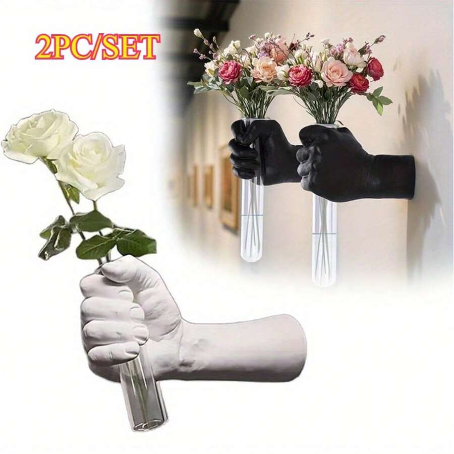 2PC Hand Vase For Flowers Sleek Elegand Design Gift Home Decor Ornament Novelty Idea With Test Tube Vase - WHITE-1 - View 1