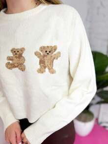 Women's Autumn And Winter Y2K Versatile Teddy Bear Pattern Round Neck Pullover Sweater, Lightweight And Comfortable, Suitable For Leisure, Daily Life, Dating, Home, Office, Party Gatherings, Festivals, Shopping, Halloween, Christmas, Thanksgiving, Holidays/Fall Women Clothes/Y2k Tops Y2k/Streetwear/Punk/Touck Like Wool/Cozy Women Knitwear Sweater With Cute Bear