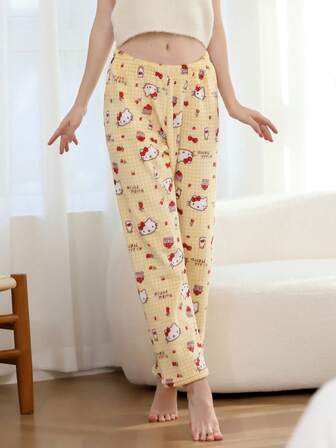 1件三丽鸥Hello Kitty卡通法兰绒蓬松睡裤，女士秋冬新款珊瑚绒加厚保暖休闲家居裤