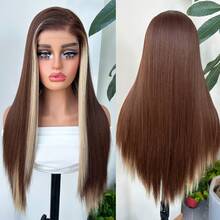 Halloween Christmas 13*4 Lace Front Wigs Straight Wigs With High Quality Synthetic Hair 28inch Brown Highlight Blonde Wigs And Good Texture - 挑染金色 - 查看 2
