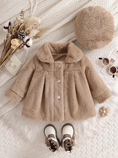 Baby Girls' Cute Solid Color Fuzzy Collar Peter Pan Collar Long Sleeve Button-Up Cardigan Jacket, Paired With Beret Hat, Elegant And Versatile Outfit For Girls, Suitable For Autumn/Winter Daily Outings