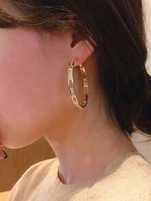 2pcs Hollow Geometric Cubic Zirconia Hoop Earrings, Lightweight Luxury Copper Gold Tone, Suitable For Party, Gathering, Ball, Gift, Daily Outfit Accessory - VÀNG - Xem 5