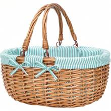 Oval Picnic Basket With Folding Handles, Willow Hand Woven Shopping Basket, Bath Toy  Toy Storage Gift Packing Basket, Wicker Empty Easter Eggs And Candy Small Gift Basket.Green,24515602 - 軍綠色 - 查看 1