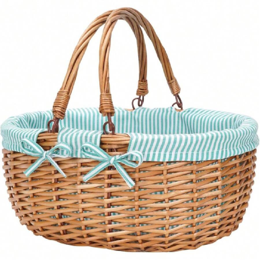 Oval Picnic Basket With Folding Handles, Willow Hand Woven Shopping Basket, Bath Toy  Toy Storage Gift Packing Basket, Wicker Empty Easter Eggs And Candy Small Gift Basket.Green,24515602 - 軍綠色 - 查看 1