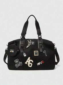 Grunge朋克风大容量尼龙手提袋，配有可拆卸肩带和网眼内衬，时尚个性拼接斜挎包，适合旅行和休闲度假。是节日、周年纪念日和生日的完美礼物。旅行包、行李袋、旅行袋、过夜包，经久耐用，是邮轮旅行和度假的必备单品，男女皆宜。 - 黑色 - 查看 1