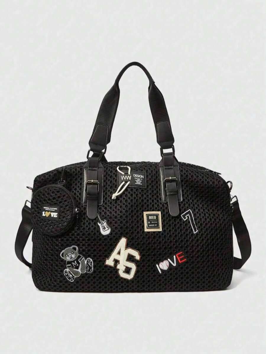 Grunge朋克风大容量尼龙手提袋，配有可拆卸肩带和网眼内衬，时尚个性拼接斜挎包，适合旅行和休闲度假。是节日、周年纪念日和生日的完美礼物。旅行包、行李袋、旅行袋、过夜包，经久耐用，是邮轮旅行和度假的必备单品，男女皆宜。 - 黑色 - 查看 1