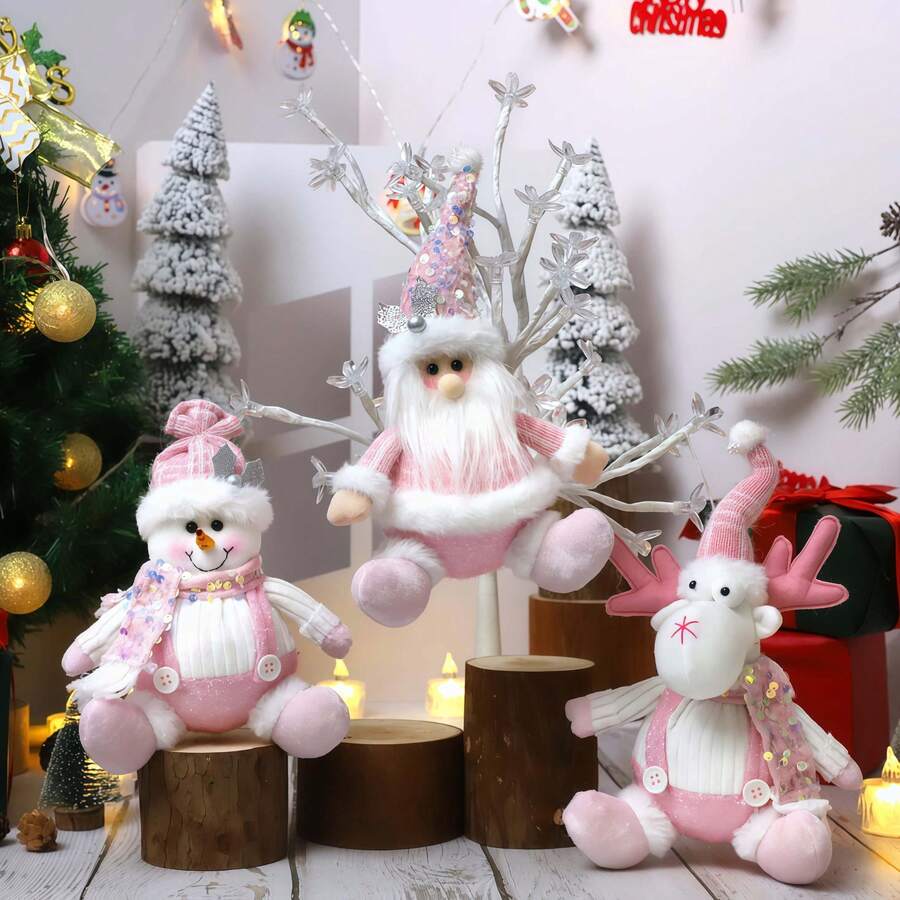 1pc New Christmas Sitting Plush Doll Santa Claus, Snowman, Reindeer, Pink Stuffed Doll, Ideal Gift For Girls, Best Friends, Lovers, Christmas Decoration