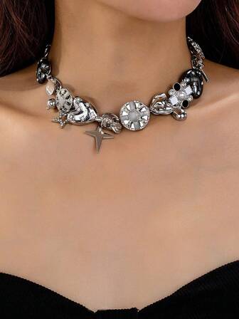 1 pieza Collar con colgante de pentágono y corazón metálico con estilo Y2K, adecuado para mujeres, accesorio de choker para festival de música y fiesta