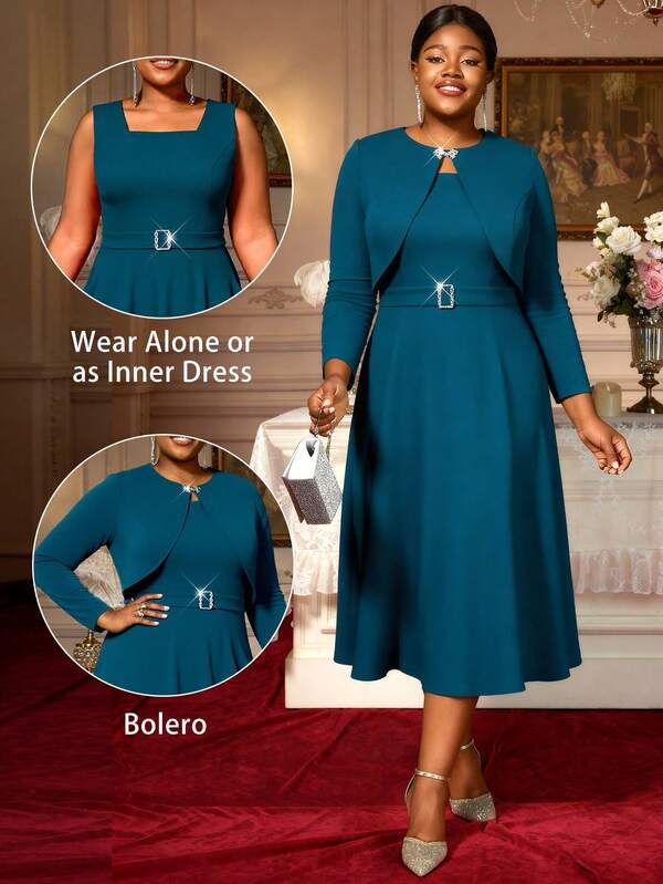 Plus Size 2 Pieces Dress Sets For Women Church Suits Tank A Line Midi Dress With Long Sleeve Jacket Wedding Party Outfits With Belt