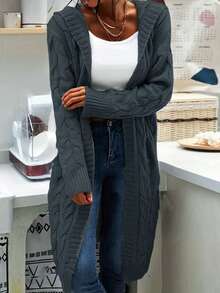 1pc Cable Knit Hooded Cardigan,Ladies Late Fall Casual Cable-Knit Drop Shoulder Hooded Loose Dark Grey Plain Women Cardigans,Casual Daily Wear,Long Sleeve Tops - Dark Grey - View 3