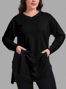 SUPEKYKO Plus Size V-Neck T-Shirt - Women Loose Fit Activewear Top, Casual Long Sleeve Shirt - Black - View 3