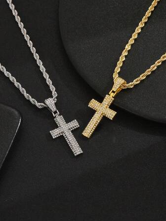1 件十字架水钻装饰吊坠项链，男士街头风格