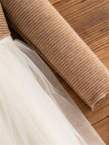 Spring/Autumn Baby Girls Elegant Long Sleeve Mesh Patchwork Princess Dress, Bow Decor, Birthday Party Wedding Occasion - Khaki - View 5