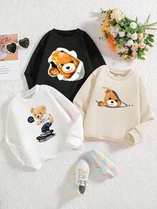 3 件男婴休闲印花圆领套头连帽衫，秋冬 - 可爱的熊和滑板印花连帽衫为每个孩子带来欢乐和幸福！