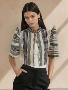 Amyenjoylife Modern Filipiniana Summer Women's Elegant Temperament Bubble Sleeve Short Sleeved Top - Champagne - View 4