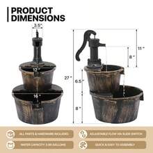 Outdoor Water Fountains, 27" Tall 2-Tier Barrel And Pump Waterfall Fountain And Pump For Outdoor Patio Garden Backyard Decking, 11 L Water - 銅色 - 查看 4