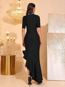 全新优雅水钻装饰荷叶边拼接立领不对称修身中长连衣裙，适合婚礼、正式场合、生日派对 - 黑色 - 查看 6