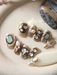 10pcs Vintage Bronze, Industrial Blue Shell, Pearl Cat Eye Reusable Short Fake Nails Set, Includes 1 Adhesive Sticker And 1 Mini Nail File Handmade Press On Nails - Multicolor - View 3