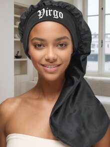 1件装真丝长帽，十二星座印花宽檐贴合长发帽 - 女士缎面睡眠帽，护发配件，柔软面料长帽，贴合帽型。睡眠帽 - 黑色-long bonnet-星座-1pc - 查看 18