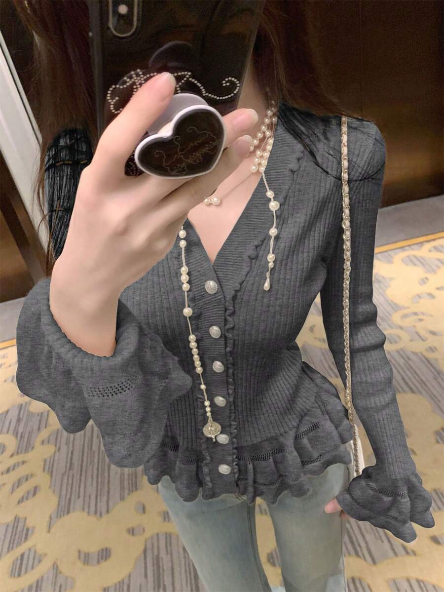 Women's Apricot Versatile Knitted Cardigan With Ruffle Hem, Long Sleeve Fitted V-Neck Sweater, Autumn/Winter