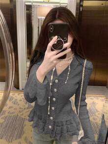 Women's Apricot Versatile Knitted Cardigan With Ruffle Hem, Long Sleeve Fitted V-Neck Sweater, Autumn/Winter