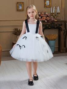 Elegantes Prinzessinnenkleid für Kleine Mädchen mit Spaghettiträgern, Schleife und Tüll, geeignet als Geburstagskleid, für Bankette, Abschlussbälle, formelle Anlässe, Feierlichkeiten, Blumenmädchenkleid zur Hochzeit - Weiss - Übersicht 4