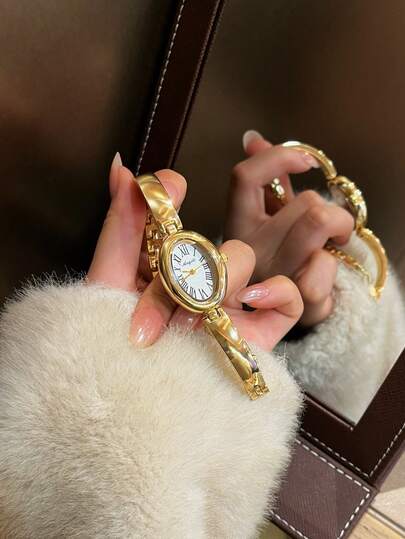 1pc Oval Bamboo Strap Women's Watch, Adjustable Gold-Tone Band, Elegant & Versatile Quartz Wristwatch, Suitable For Daily Wear, An Ideal Daily Accessory Gift