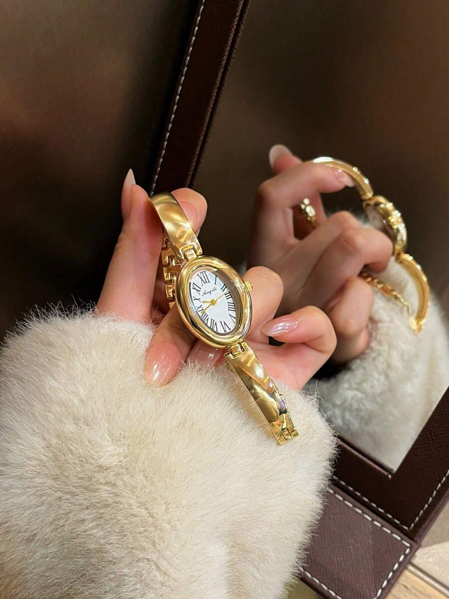 1 件椭圆形竹节表带女士手表，可调节金色表带，优雅百搭的石英腕表，适合日常佩戴，是理想的日常配饰礼品。 - 金色 - 查看 1