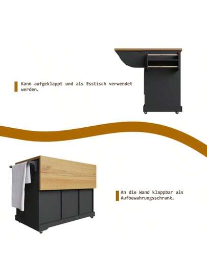 High Quality Kitchen Isl Multifunctional Serving Cart Wood Grain Large Storage Space, Mobile Buffet Cabinet, Dining Room, Living Kitchen, Zwart view 7