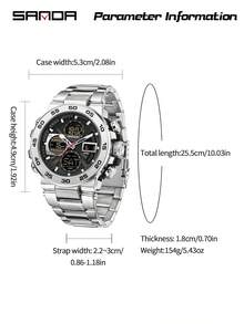 SANDA. Reloj deportivo SANDA 6312 de acero inoxidable nuevo, con pantalla dual, movimiento dual, resistente al agua 5ATM, reloj electrónico multifunción para hombres - Plateado - Ver 3
