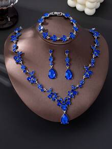 1 Set Elegant Luxury Romantic Floral Teardrop Rhinestone Jewelry Set, High-End Bridal/Wedding/Party Accessories, Intimate Gift - Royal Blue - View 2