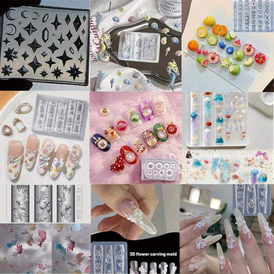 1 件硅胶环氧树脂美甲模具 - 花瓣/钻石、星形和十字形/可爱橙色、樱桃、苹果和梨形/美人鱼、海星/圆形宝石/贝壳和珊瑚礁/莲花鱼设计，耐用且易于清洁，非常适合 DIY 美甲和修脚、创意美甲装饰、美甲用品、美甲配件、DIY 珠宝铸造技术、优雅的指甲设计、易释放材料