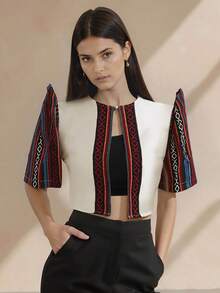 Amyenjoylife 现代菲律宾风情上衣，蝴蝶袖菲律宾风情上衣，女士春夏印花立领泡泡袖撞色拼接开衫，女士菲律宾风情短外套，杏色上衣 - 杏色 - 查看 1