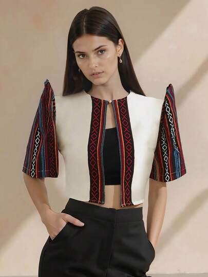 Amyenjoylife 现代菲律宾风情上衣，蝴蝶袖菲律宾风情上衣，女士春夏印花立领泡泡袖撞色拼接开衫，女士菲律宾风情短外套，杏色上衣