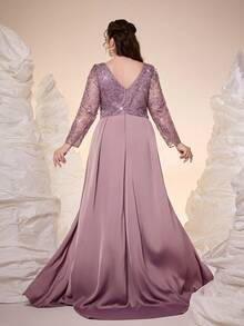 Mgiacy-Pop,,New Arrival,V-Neck, Embroidered Lace, Beaded Beads, Long Sleeves, Slit Starlight Satin Hem, Sequins, Evening Dress,FOR,Dinner Party - Dusty Pink - View 2