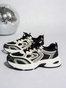 Women's Color - Block Chunky Sneakers, Mesh - Breathable, Retro Dad - Shoe Style, Comfortable For Running And Casual Sports . - màu đen - Xem 4