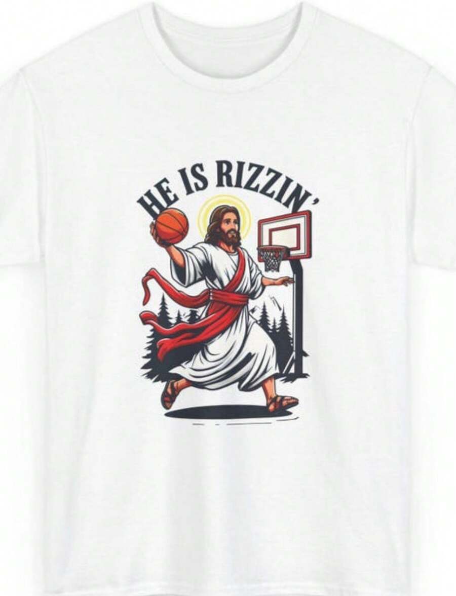 He Is Rizzin' - Funny Jesus Basketball T-Shirt, Christian Meme T-Shirt, Holy Drip, Religious Humour . - White - View 1