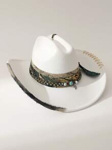 1pc Women's Fashion Solid Color Brimmed Hat, Vintage Wide Belt & Scarf Decor, Minimalist Feather Accent, Hand-Embroidered Tie Decor, Wide Brim Flattering Fit Unisex Versatile Style