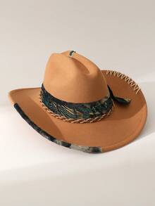 1pc Women's Fashion Solid Color Brimmed Hat, Vintage Wide Belt & Scarf Decor, Minimalist Feather Accent, Hand-Embroidered Tie Decor, Wide Brim Flattering Fit Unisex Versatile Style