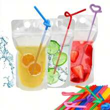 50/100pc Portable Transparent Juice Bag And Beverage Bag, Disposable Creative Leak-Proof Zipper Bag, Takeout Ice Cream Bag Packing Bag, Suitable For Juice, Milk, Beverages, Cola, Parties And Festivals - 透明 - 查看 7