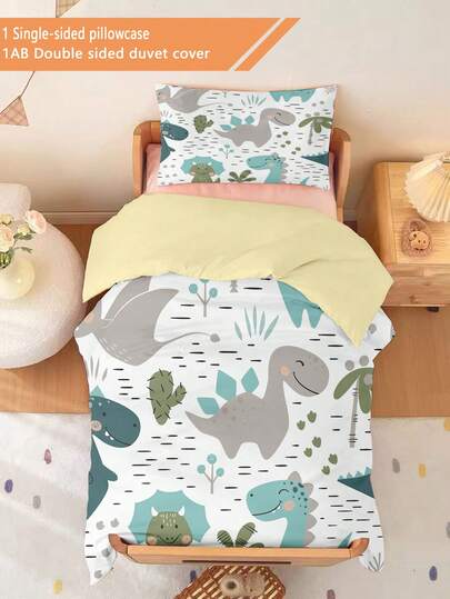 2 Stücke Cartoon Dinosaurier Bettbezug Set (Ganzjahreskollektion) Doppelseitiger Bettbezug Set (1 einseitig bedruckter Kissenbezug + 1 doppelseitig bedruckter Bettbezug, ohne Füllmaterial) für Baby Kinder, maschinenwaschbar, geeignet für Neugeborenen Betten Kinderbett, ideal als Geschenk zu Feiertagen. Der Kissenbezug ist einseitig Muster und misst 33 * 45 cm.