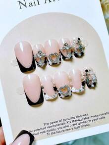 Y2K 24Pcs Set French Style Black & White Tie Dye Polka Press-On Nails, Reusable, With Bowknot, Rhinestones, Cute & Chic, Suitable Dates, Spring, New Year,, Daily, Birthday, Festival, Spring/Summer New Arrival Nail Supplies Nails - 黑白4 - 查看 3