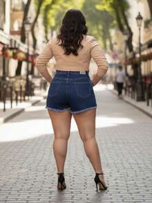 Plus Size Denim Shorts - 藍色 - 查看 5