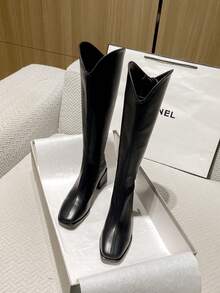 2026 新款高品质热销秋季新品中跟粗跟高筒靴，百搭时尚 V 字筒过膝长靴，优雅简约方头过膝女靴 - 黑色 - 查看 2
