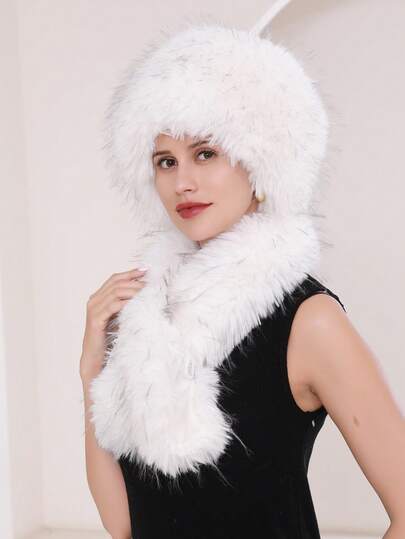 Women's Faux Fur Hat For Winter With Stretch Cossack Style White Warm Cap