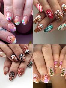 96pcs (4mixed ) Short Oval Cute Candy Cane Gingerbread Man French Tips Press On Nails ,Contain 1pc Jelly Glue And 1pc Nail File,Christmas Nails,With Storage Box As For Suitable For Women And Girls Daily Life And Party Use