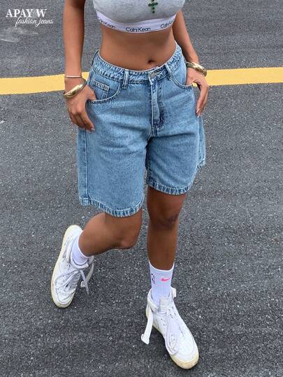 Women's Solid Color Casual Bermuda Denim Shorts, Summer