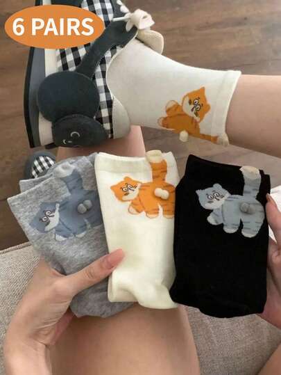 1/3/6 paires de chaussettes mi-mollet 3D de style européen et américain avec motifs de chats drôles et de dessins animés, convenant pour le port intérieur et extérieur, automne